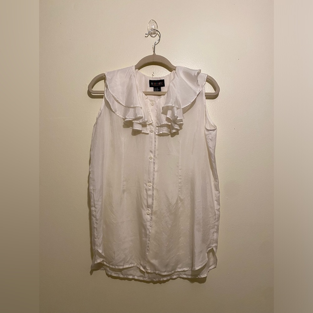 SURPRISE SILK  Ivory Ruffle Button-Down Romantic Blouse. Size S